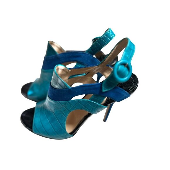 Paul Andrew High Heel Sandals Blue & Turquoise Croc Embossed Leather  - Size 37 - Picture 4 of 16